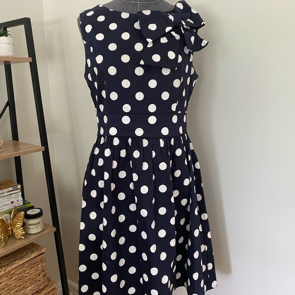 Ixia Women’s Navy Polka Dot Dress with Bow Detail Size: Large